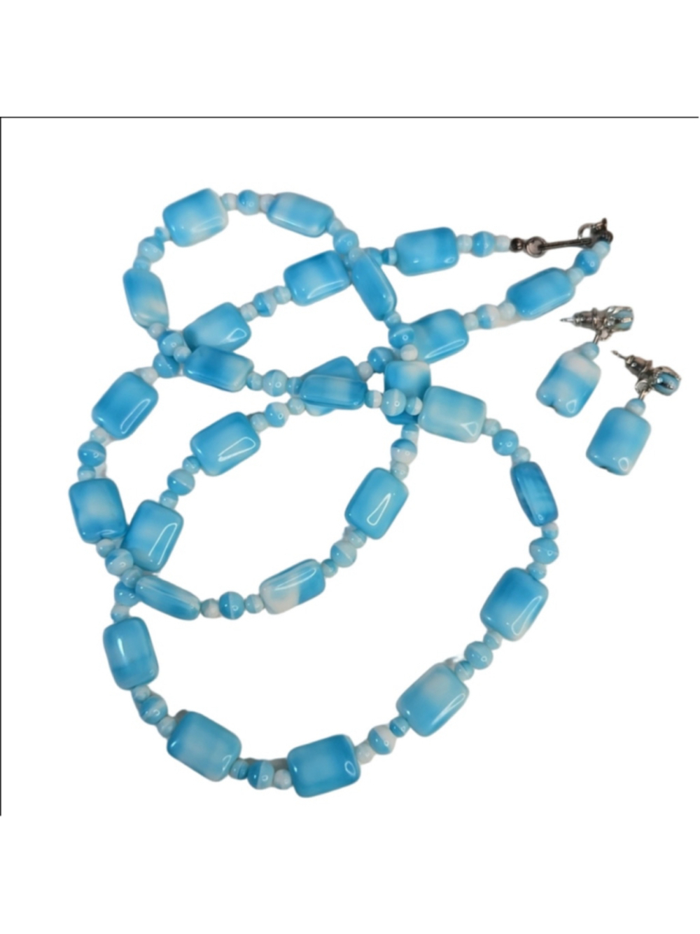 NWOT Dauplaise Set Necklace Post-Earrings Sky-Blue/Turquoise & White Beads